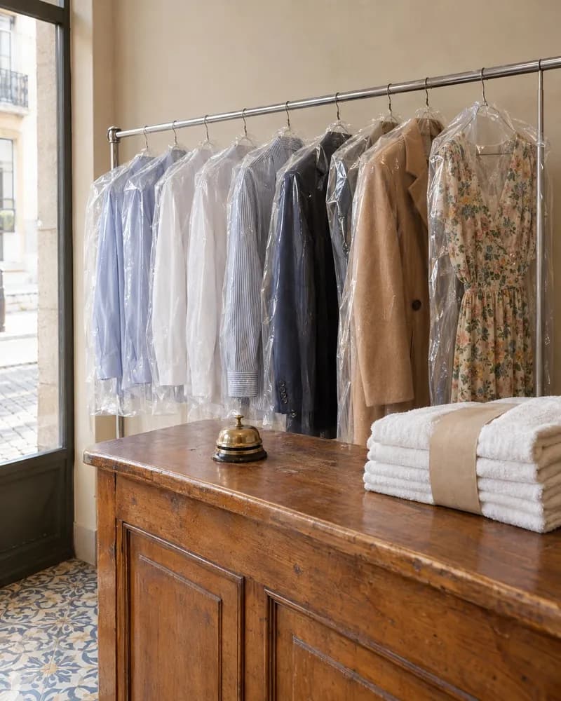 Balcão de lavandaria com peças acabadas de passar penduradas em capas transparentes num varão